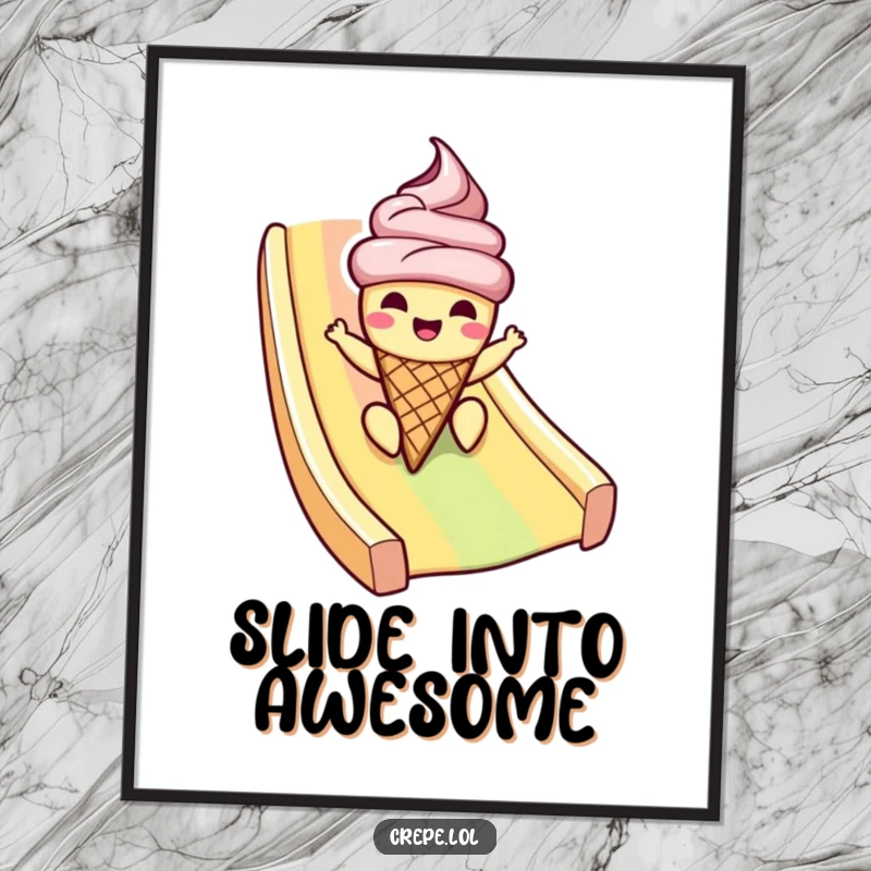 Funny ice cream poster print with a cheerful cone character sliding down a rainbow, adding joyful summer-themed humor.