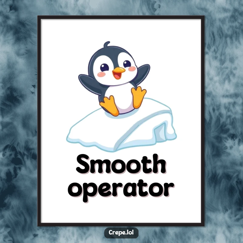 Funny poster print of a playful penguin with a wide grin sliding down a smooth icy ramp, capturing winter fun.