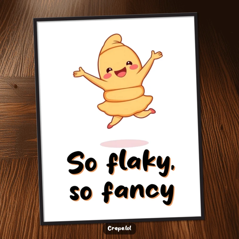 Funny Croissant Pirouette Poster showing a joyful baked croissant mid-pirouette, adding elegance and humor to wall art.