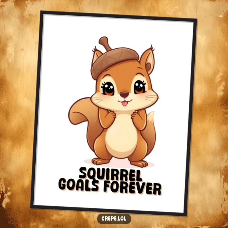 Funny squirrel with big eyes joyfully holding a massive acorn up high, a hilarious and charming woodland art print.