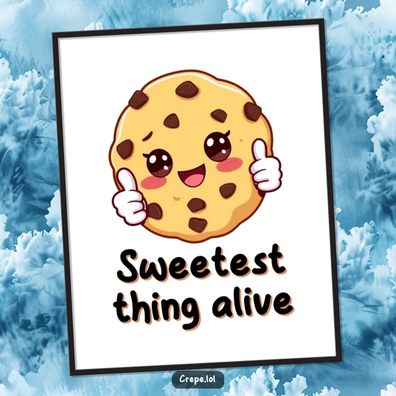 Funny poster print of a smiling chocolate chip cookie giving a thumbs up, perfect wall art for kitchens or humorous decor.