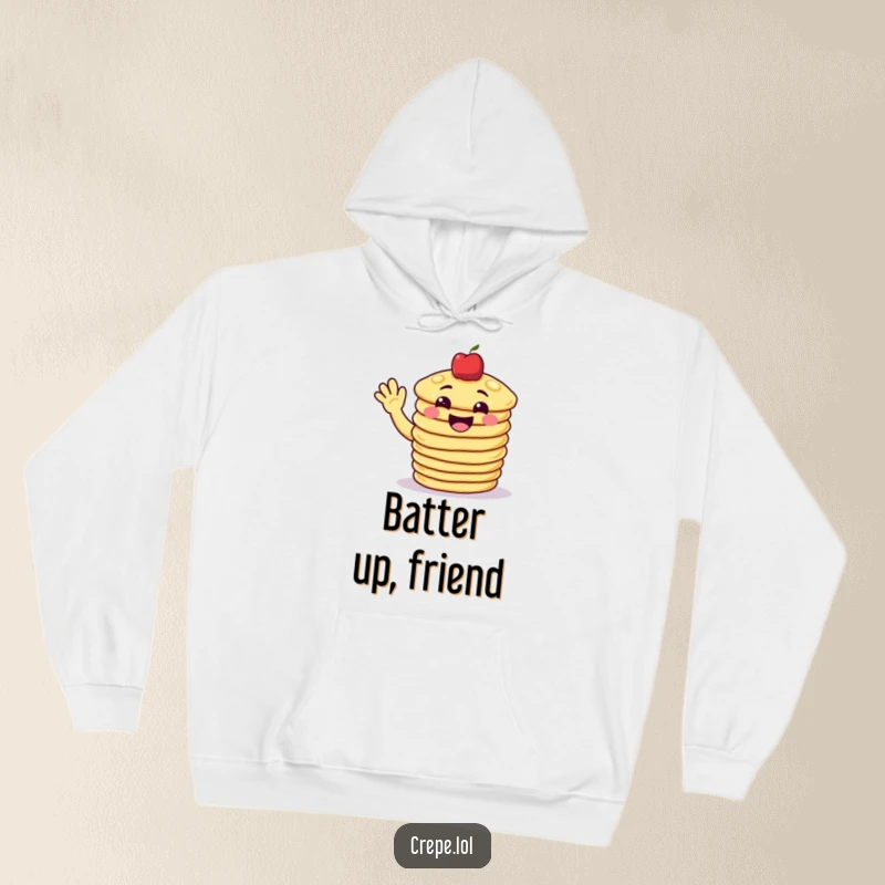 Funny pancake hoodie featuring a grinning stack of pancakes waving cheerfully, perfect for cozy, humorous comfort.