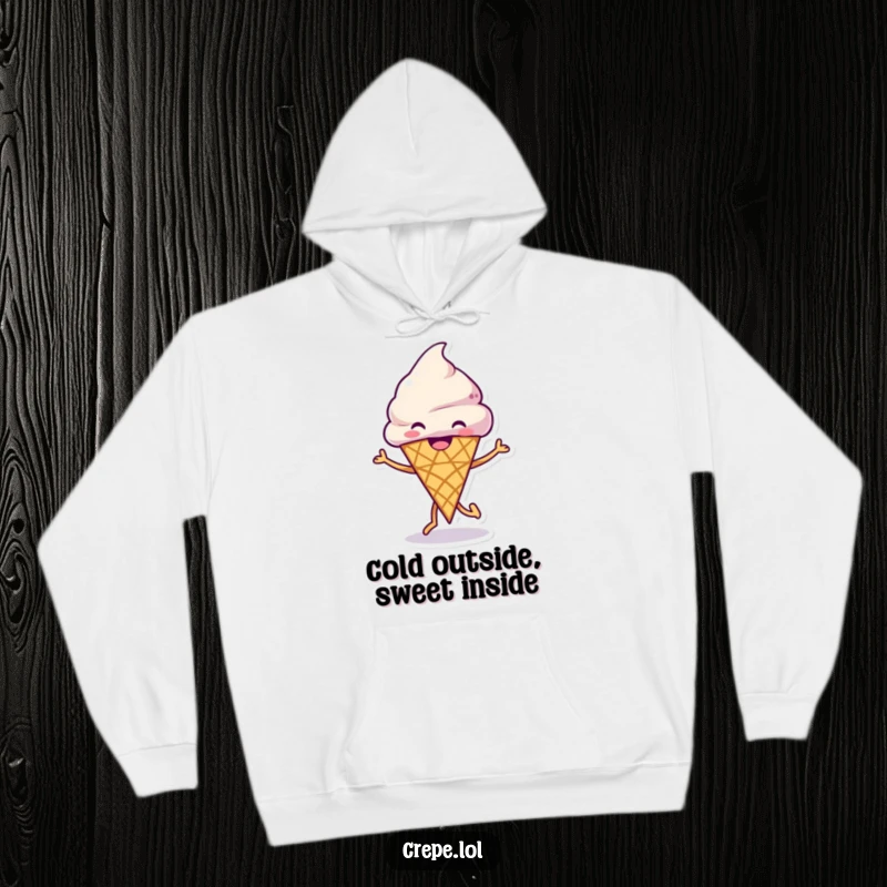 Funny Ice Cream Dance Hoodie showing a grinning ice cream cone happily dancing, offering warmth and sweet, frozen treat humor.