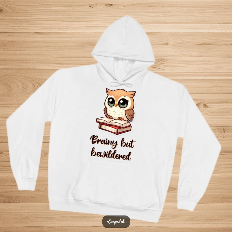 Funny hoodie showcasing a wide-eyed, amazed owl sitting on books, perfect for cozy reading sessions and humor.