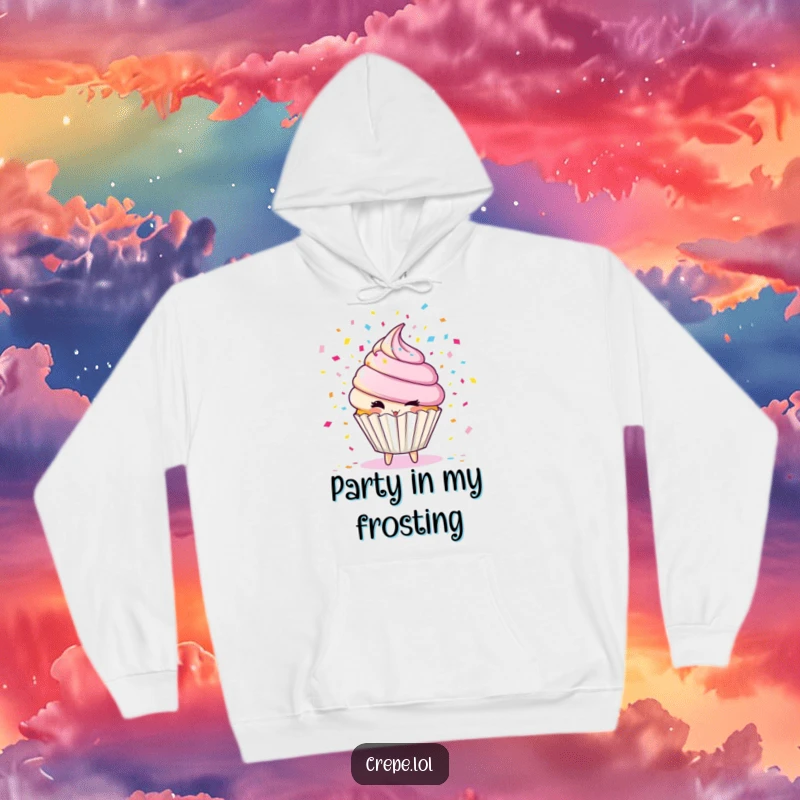 Funny cupcake character hoodie, winking and showering confetti, offering warm and festive humor.