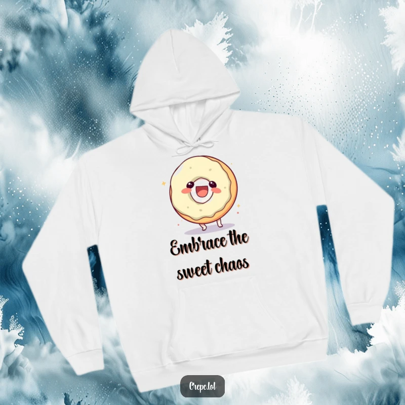Funny donut character hoodie, caught in a somersault with a laugh, offering cozy humor.