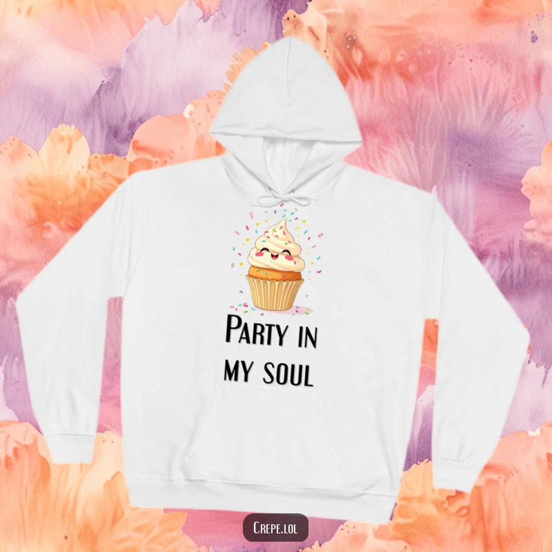 Funny hoodie featuring a delighted cupcake spewing a cascade of confetti, perfect for cozy, cheerful moments.