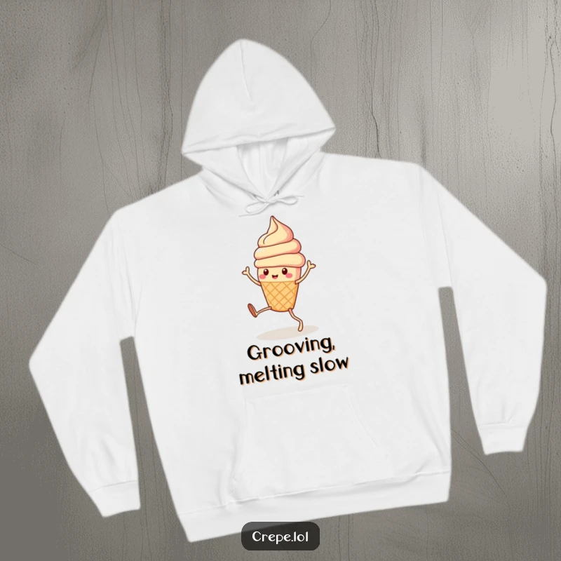 Funny cute ice cream cone with legs performing a silly dance, illustrated on a soft and comfortable hoodie.