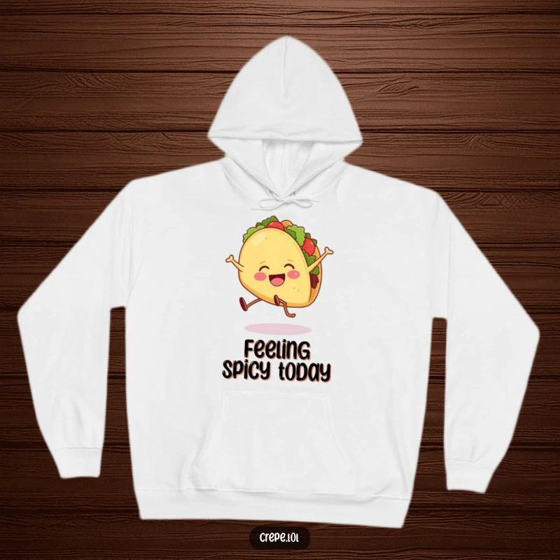 Funny hoodie depicting a smiling taco with legs doing a lively cartwheel. A warm and humorous apparel choice.