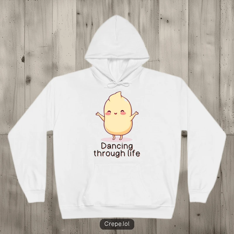Funny hoodie featuring a wobbly plain crepe with its tiny legs in a comical, silly dance pose.