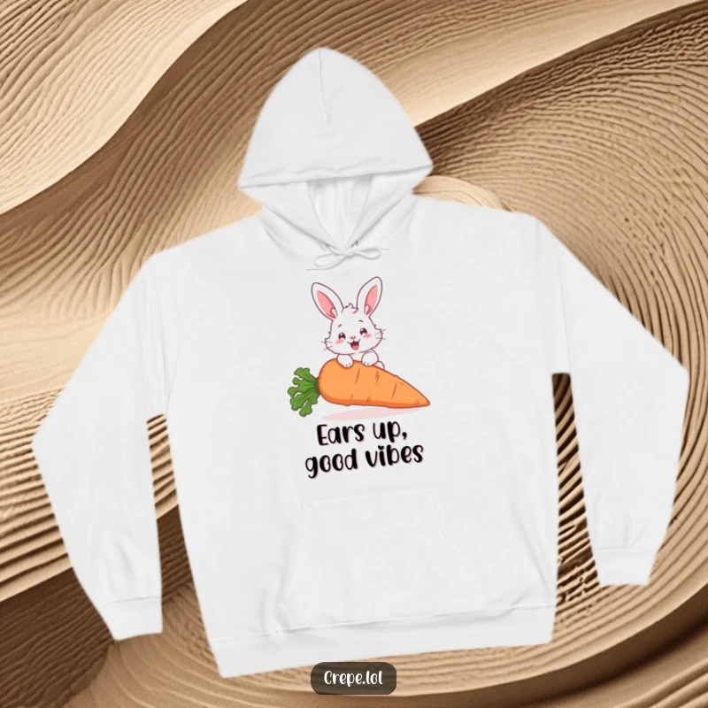 Funny fluffy bunny energetically jumping over a giant carrot, a cozy and humorous design on a warm hoodie.