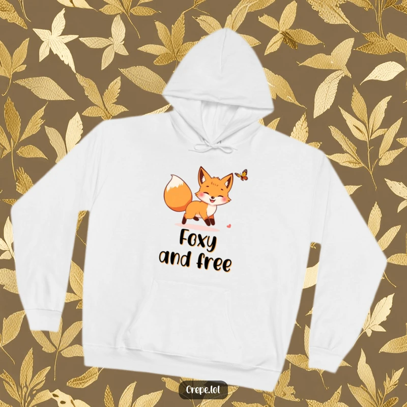 Funny fox with a bushy tail playfully chasing after a butterfly, a cozy and humorous design on a warm hoodie.