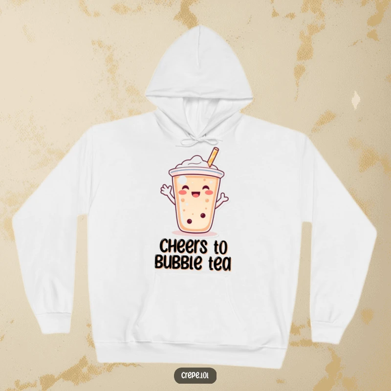 Funny bubble tea character hoodie, happily waving with its straw, cozy and cheerful.
