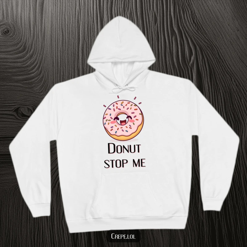Funny donut hoodie with a happy donut and rhythmic bouncing sprinkles, offering warmth and a deliciously humorous vibe.