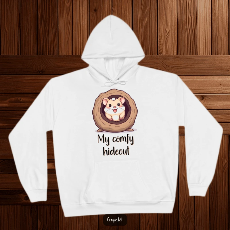Funny hoodie with a happy hamster peeking out from a hollow log, offering cozy comfort and cute humor.