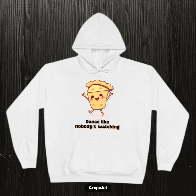 Funny pie character hoodie doing a silly dance, a warm and humorous dessert-themed apparel.