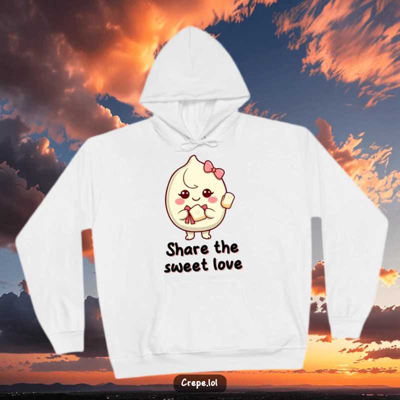 Funny hoodie with a smiling crepe character offering a piece of itself with a bow, exuding kindness and warmth.