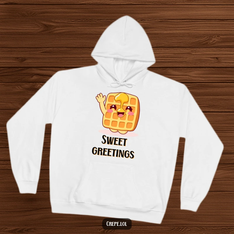 Funny waffle with syrup waving enthusiastically, featured on a warm hoodie.