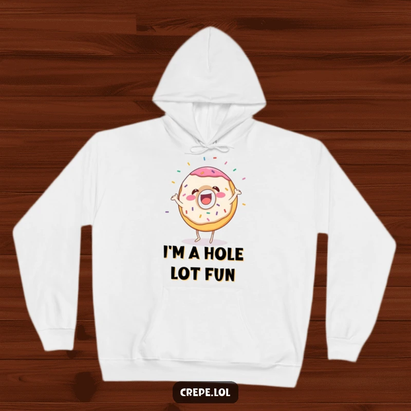 Funny donut hoodie with a gleeful dancing character and flying sprinkles, perfect for cozy, humorous, and sweet attire.