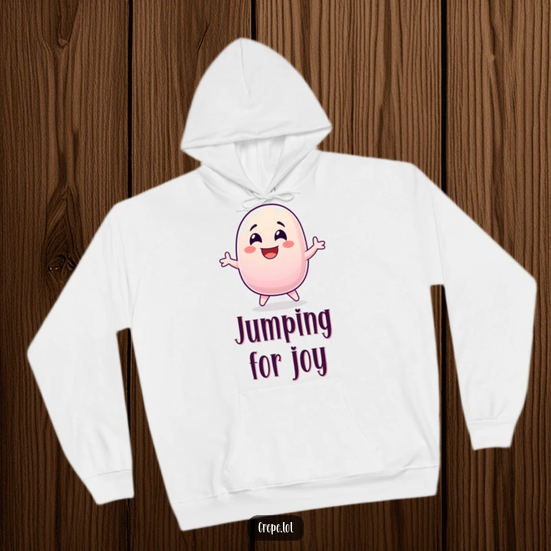 Funny, laughing jellybean jumping with wide eyes, featured on a warm and cozy hoodie.