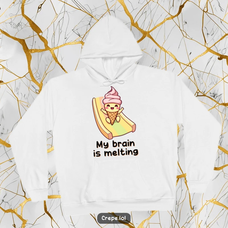 Funny ice cream hoodie with a cheerful cone character sliding down a rainbow, perfect for cozy, humorous, and sweet attire.