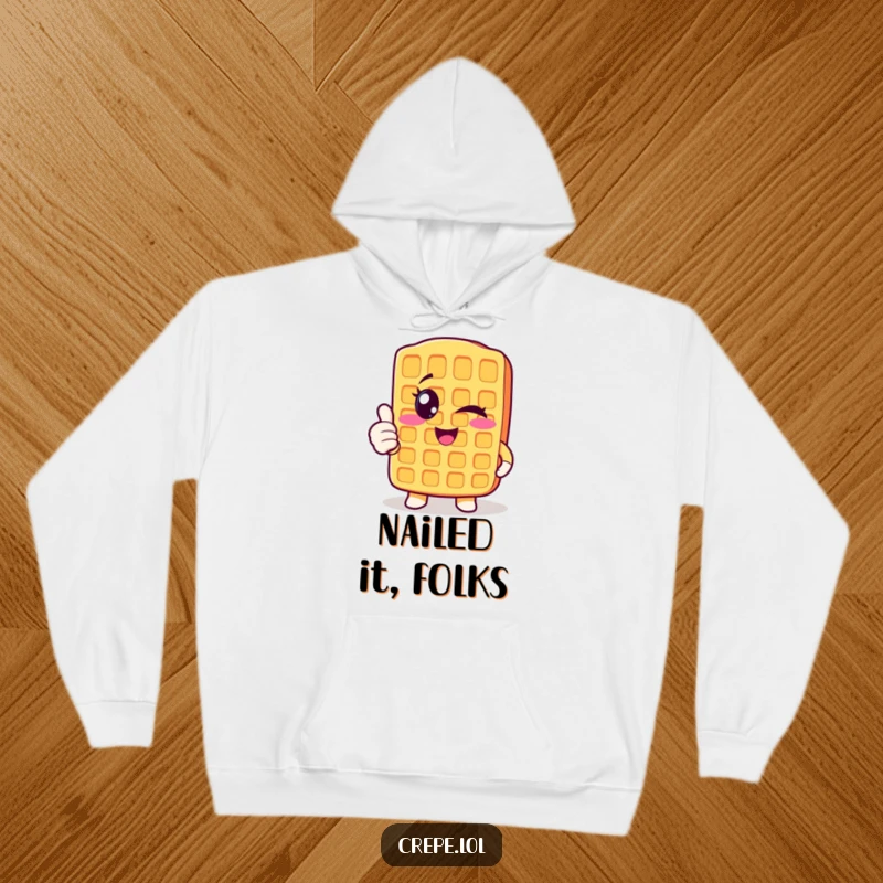 Funny winking waffle hoodie giving a thumbs up, a warm and cheerful breakfast-themed sweatshirt.