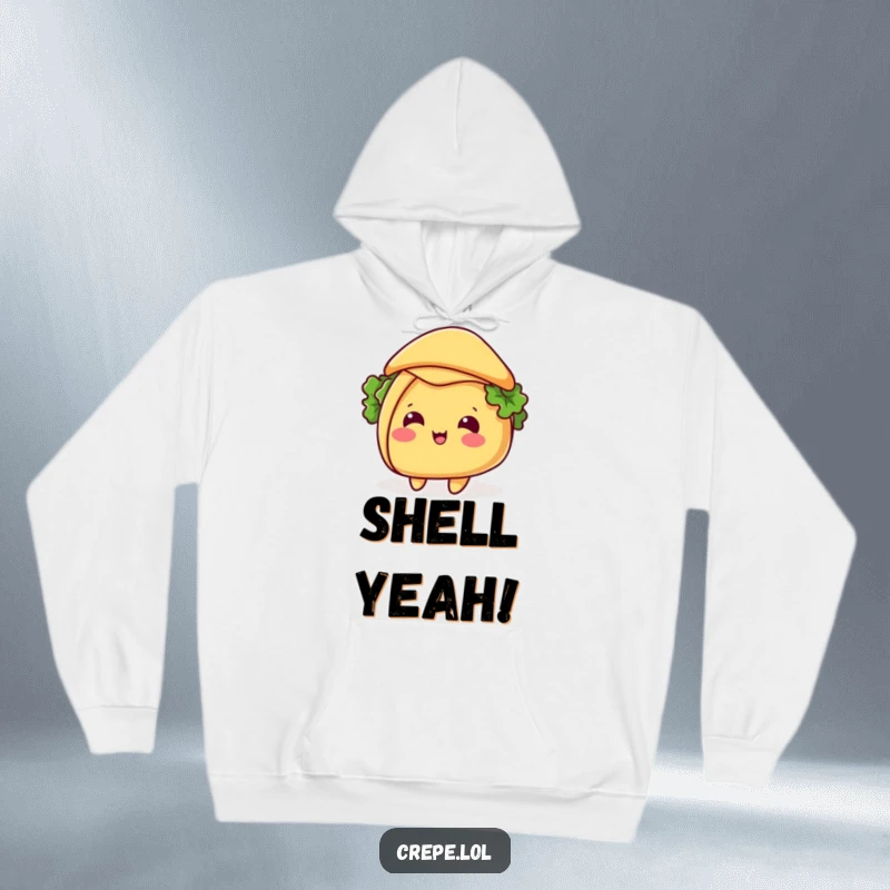 Funny taco hoodie with a smiling taco tipping its shell like a hat, offering warmth and a touch of Mexican-themed humor.