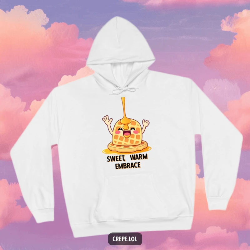 Funny happy waffle with syrup waving energetically, illustrated on a soft and comfortable hoodie.