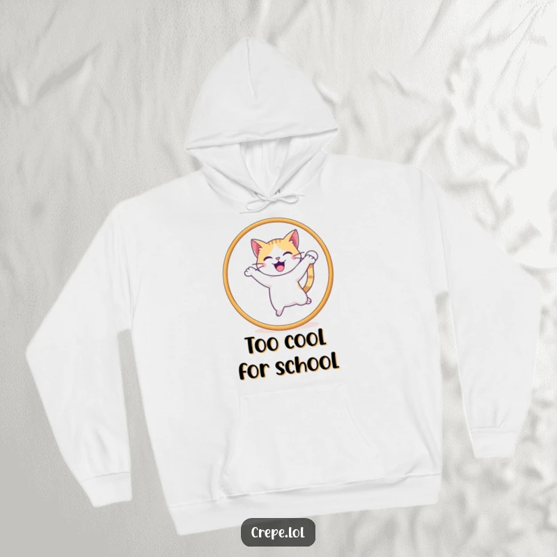 Funny hoodie featuring a delighted cat with a wagging tail jumping through a hoop, ideal for cozy, playful moments.