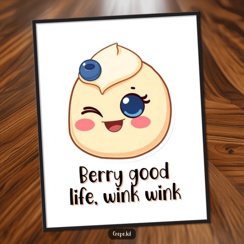Funny Free Printable Wall Art: A crepe with a blueberry eye gives a joyful wink, radiating happiness and charm.