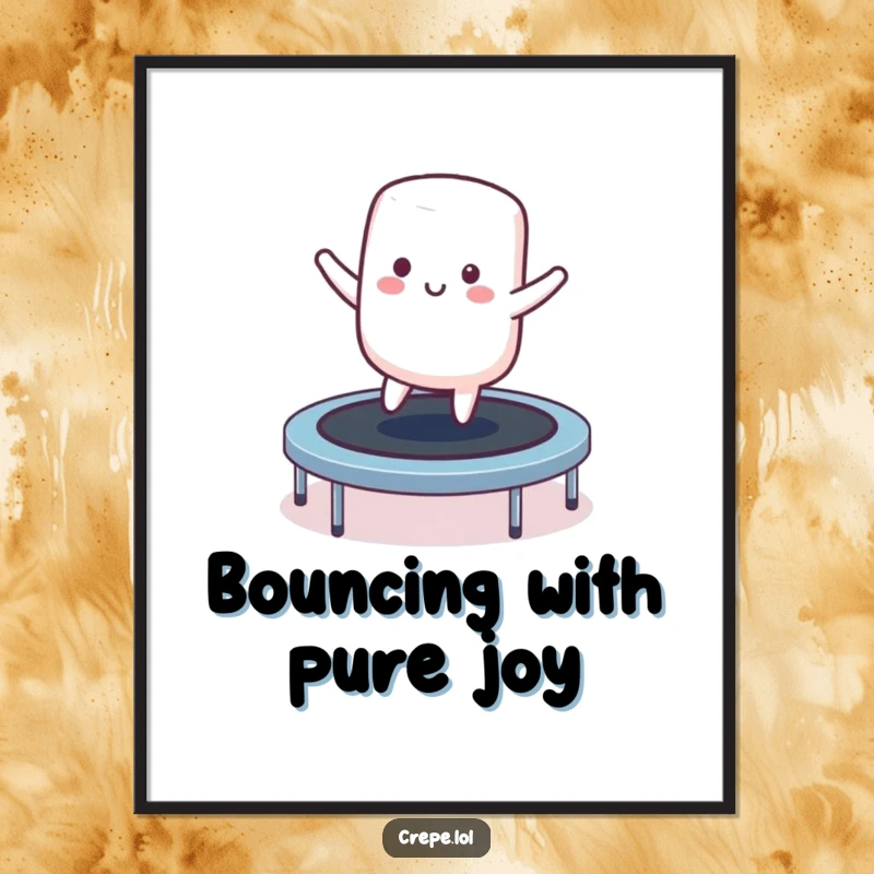 Funny Free Printable Wall Art: A smiling marshmallow character joyfully bouncing on a trampoline.