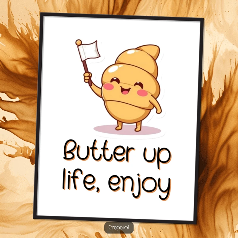 Funny Free Printable Croissant Wall Art: A smiling croissant character winks and waves a tiny flag, adding charming decor.