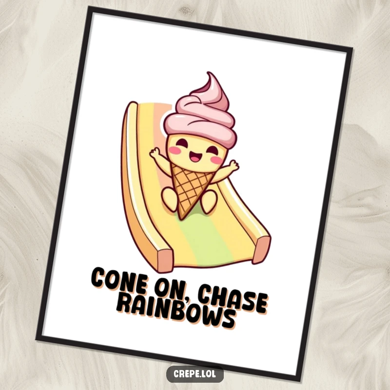Funny Free Printable Ice Cream Wall Art: Cheerful ice cream cone sliding down a rainbow, adding whimsical decor to any room.