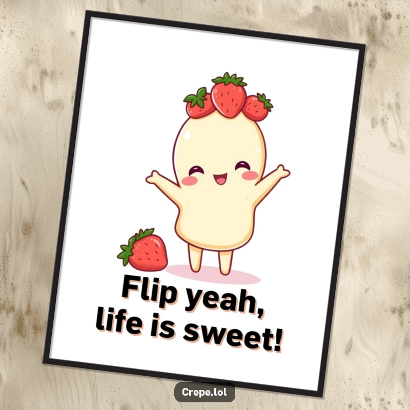 Funny Free Printable Wall Art: A crepe with a strawberry crown confidently does a playful flip, adding a whimsical touch.