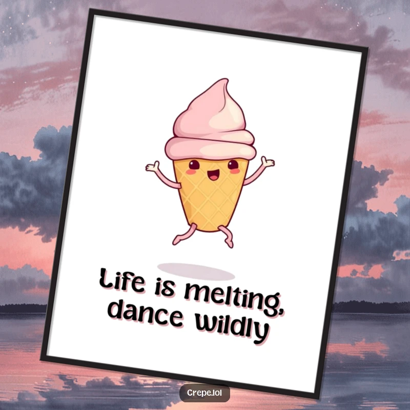 Funny Free Printable Wall Art: A cute ice cream cone with legs performs a goofy, energetic dance, adding whimsy.