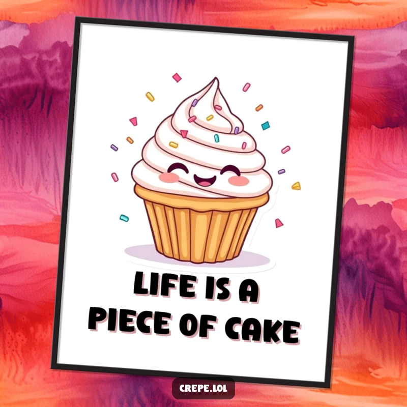 Funny Free Printable Wall Art: A happy cupcake with frosting sprinkles spins around joyfully, adding a cheerful vibe to your space!