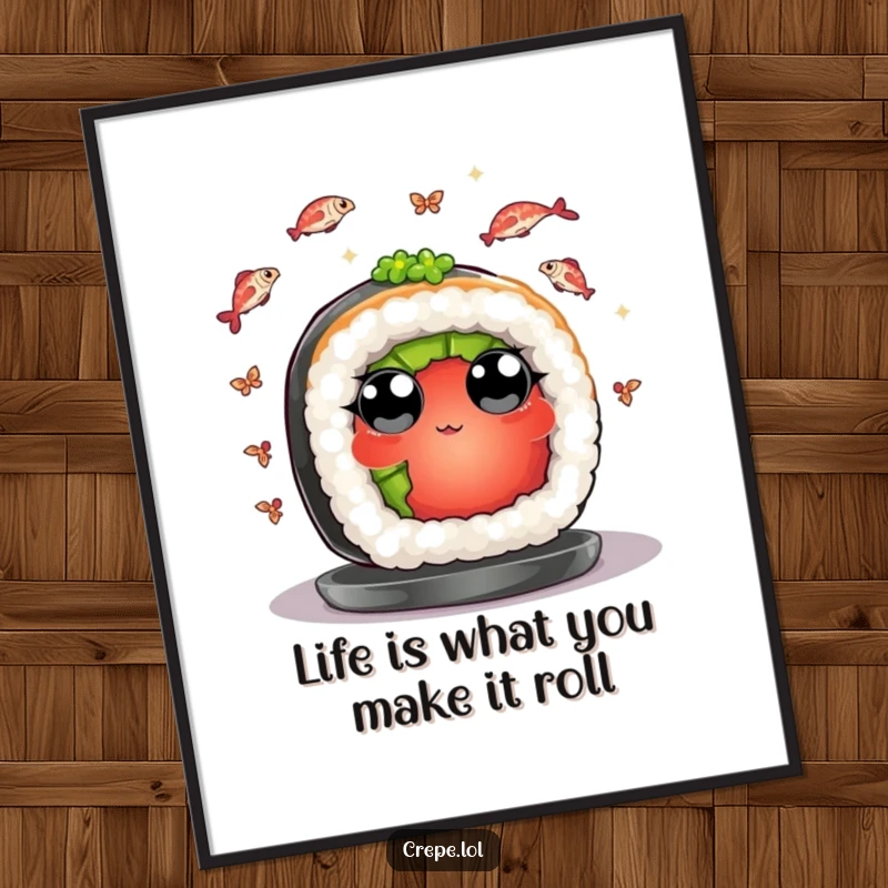 Funny Free Printable Wall Art: A piece of sushi with wide eyes joyfully juggles tiny fish, a quirky addition to any room!