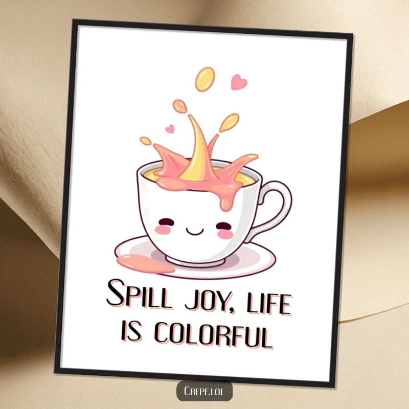 Funny Free Printable Teacup Wall Art: A smiling teacup playfully spills sweet, colorful liquid, creating a cheerful scene.
