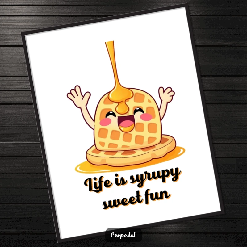 Funny Free Printable Waffle Wall Art: A happy waffle with syrup waves enthusiastically, adding warmth to the room.