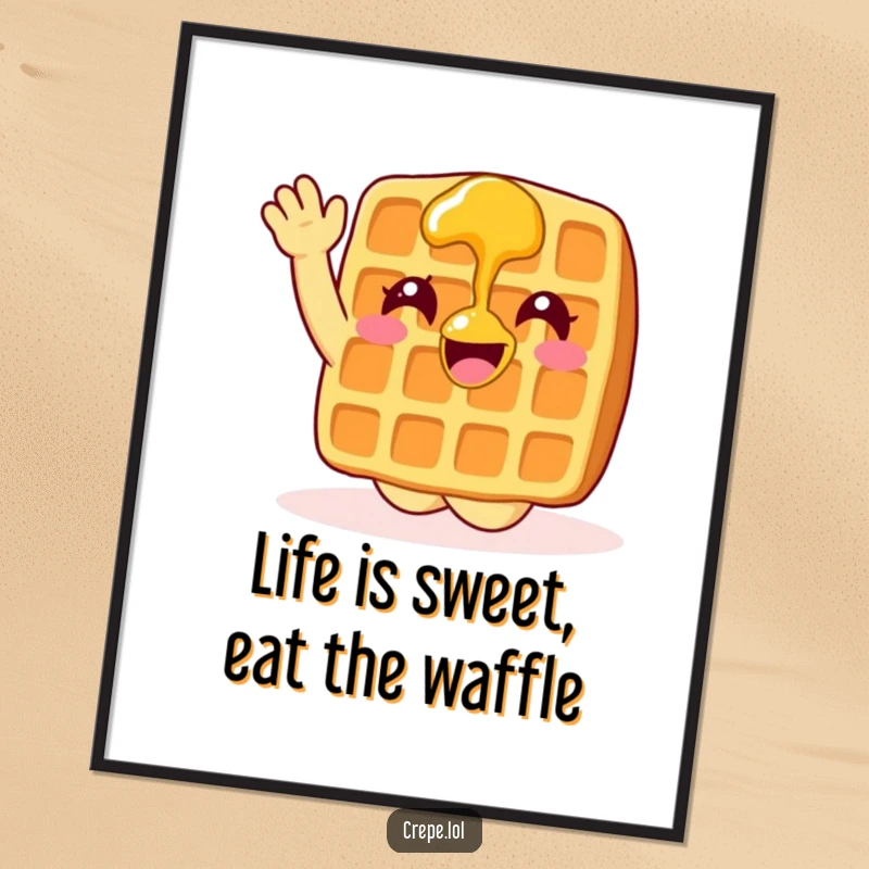Funny Free Printable Wall Art: A happy waffle covered in syrup waves enthusiastically, bringing a touch of breakfast joy.