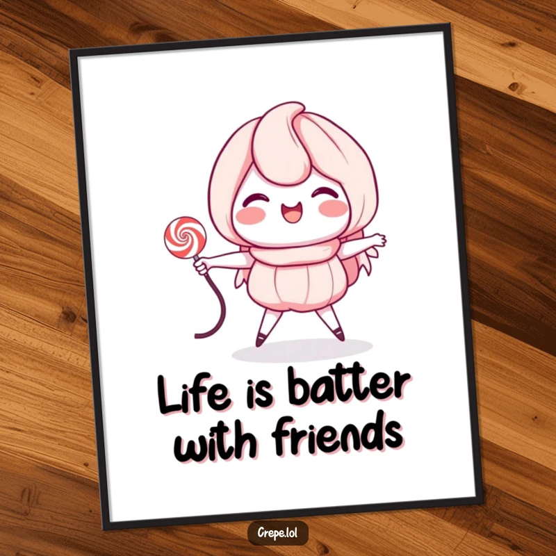 Funny Free Printable Wall Art depicting a grinning crepe energetically jumping rope with a licorice string, adding a playful touch.