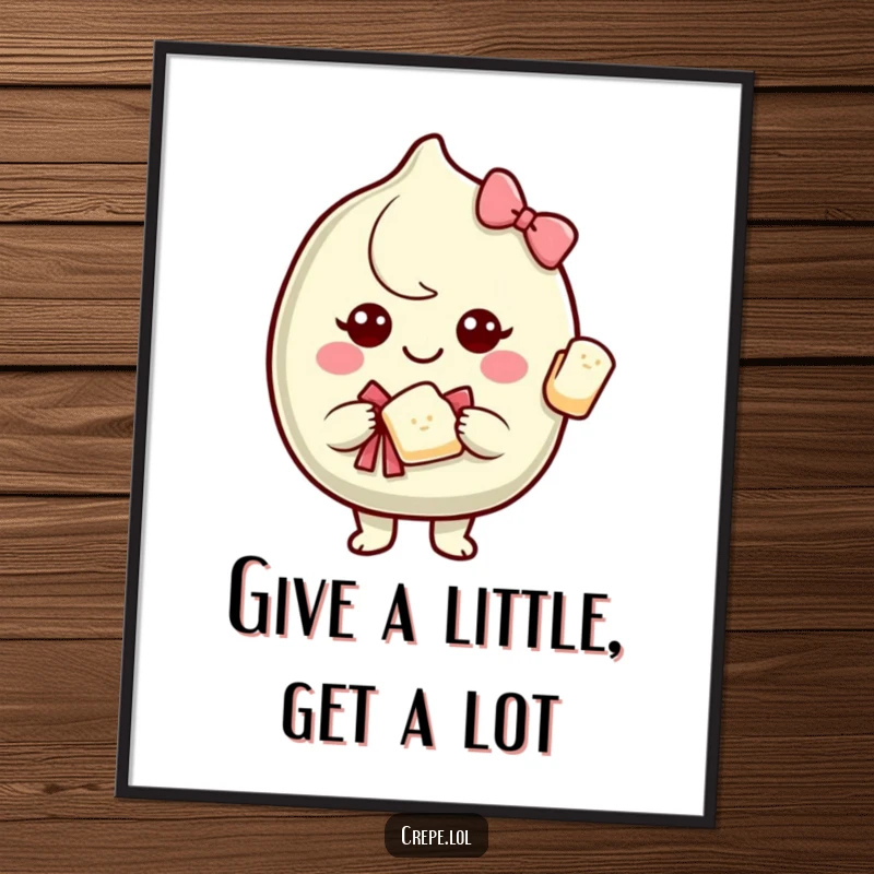 Funny Free Printable Wall Art capturing a smiling crepe charitably offering a piece of itself, elegantly presented with a festive bow.