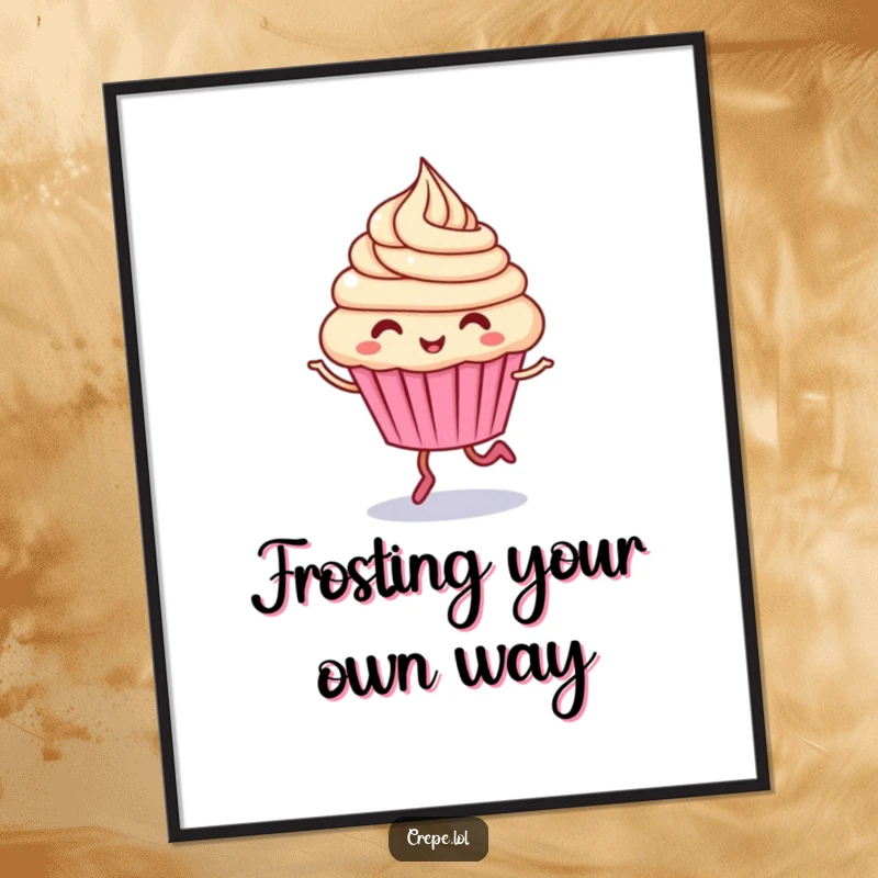 Funny Free Printable Wall Art: Giggling cupcake character hopping with swirling frosting, adding joyful humor to decor.