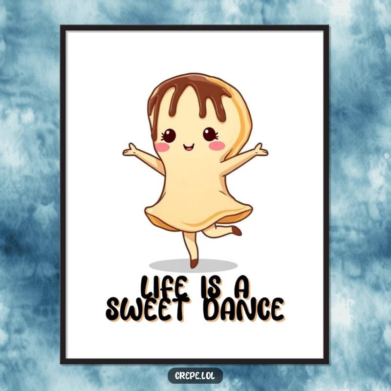 Funny Free Printable Wall Art: A crepe with chocolate drizzle performs a charming pirouette, bringing artistic flair and humor.
