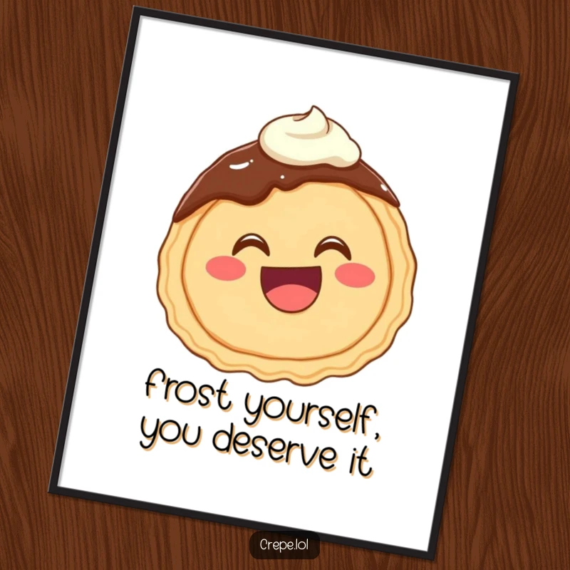 Funny Free Printable Wall Art: A happy chocolate crepe with a wide mouth giggling heartily with dollops of frosting.