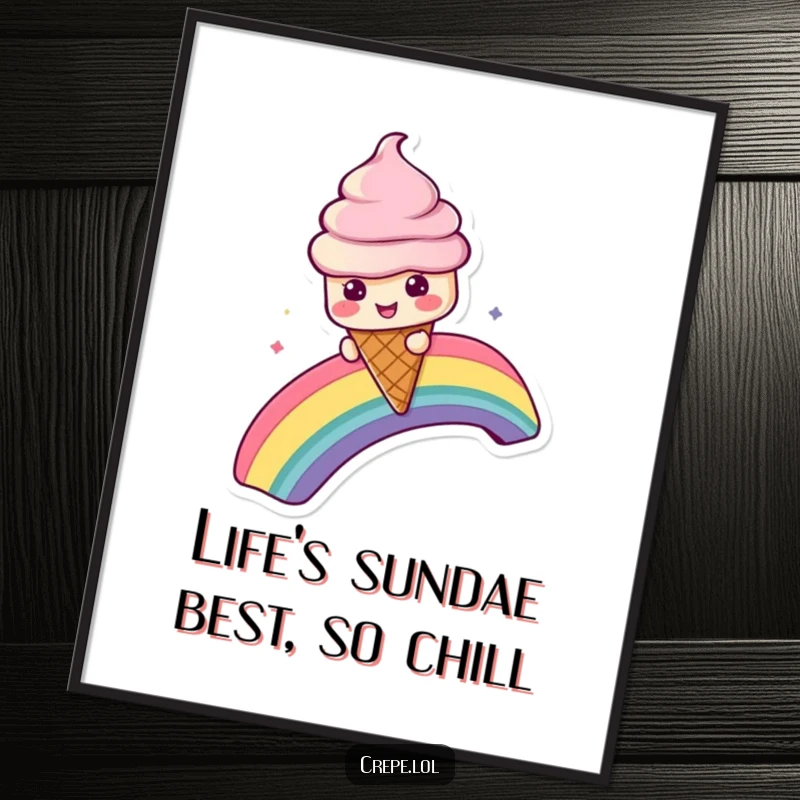 Funny free printable wall art of a playful ice cream cone character enjoying a slide down a vibrant, colorful rainbow.