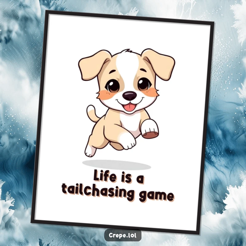 Funny free printable wall art featuring a bouncing puppy with floppy ears energetically chasing its own tail, a lively and cute piece.