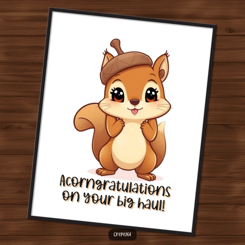 Funny Free Printable Wall Art: A curious squirrel with big eyes proudly holding a massive acorn aloft, a symbol of great fortune.