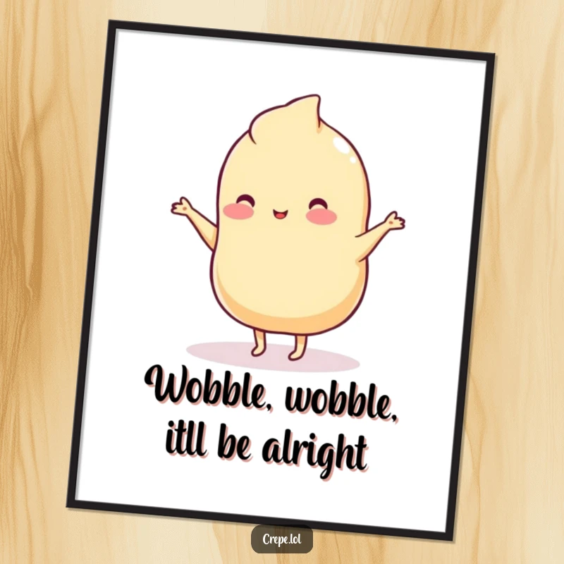 Funny Free Printable Wall Art of a wobbly plain crepe with tiny legs doing a silly dance, radiating pure joy.
