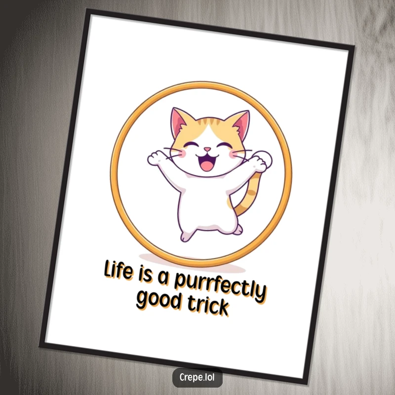 Funny free printable wall art featuring a delighted cat with a wagging tail executing an impressive jump through a hoop, lively decor.